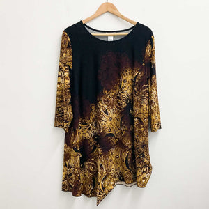 Avenue Black & Gold Print Stretch Asymmetrical Hem Tunic Top UK 20