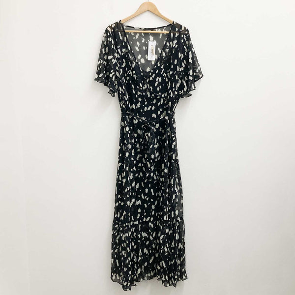 Evans Dress UK 24 Black Spot Print Faux Wrap Maxi 