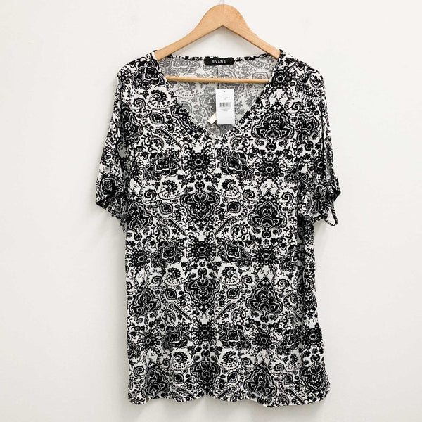 Evans Top UK 16 Black & White Tile Print V-Neck Stretch Jersey 