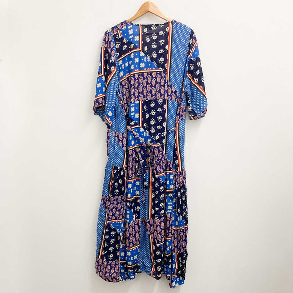 Evans Midi Dress UK 18 Blue Floral Patchwork Print V-Neck 