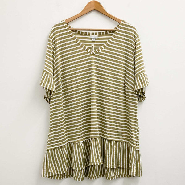 Avenue Top UK 26/28 Olive Stripe Soft Stretch Ruffle Trim