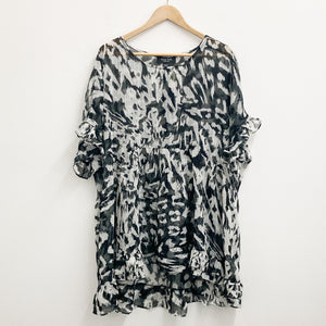 Arna York by City Chic Black Sheer Animal Print Ruffle Hem Top UK 20