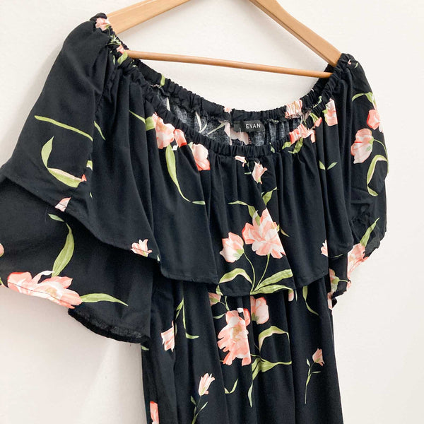 Evans Dress UK 20 Black Floral Print Off-Shoulder Knee Length