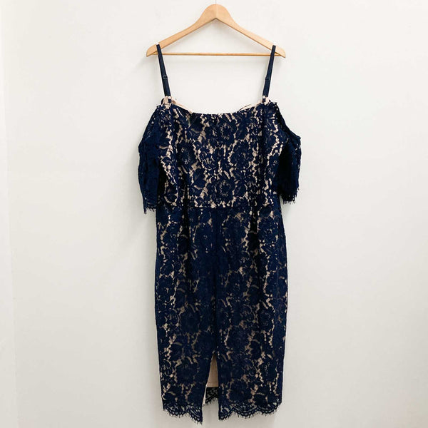 City Chic Dress UK 22 Navy Lace Knee Length Cold Shoulder