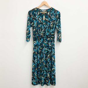 Classics Dress UK 12 Teal Blue Floral Print Stretch Midi 3/4 Sleeve