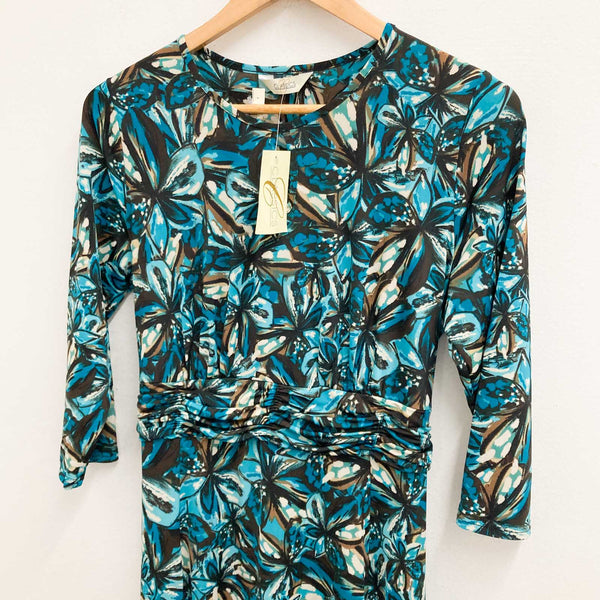 Classics Dress UK 12 Teal Blue Floral Print Stretch Midi 3/4 Sleeve