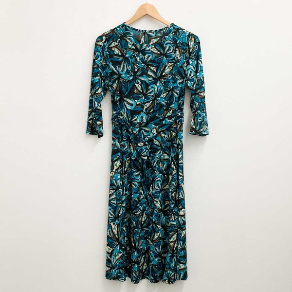 Classics Dress UK 12 Teal Blue Floral Print Stretch Midi 3/4 Sleeve