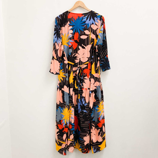 Loralette City Chic Dress UK 18 Black Floral Print Frill Sleeve Midi 