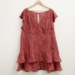 City Chic Lace Mini Dress UK 24 Pink Short Sleeve V-Neck Ruffle Hem