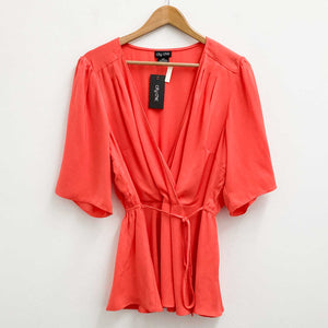 City Chic Faux Wrap Top UK 16 Coral V-Neck Flared Hem