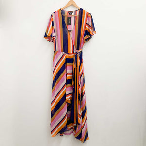 City Chic Wrap Maxi Dress UK 18 Striped V-Neck Flutter Sleeve