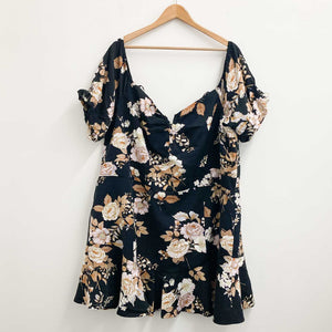 City Chic Floral Mini Dress UK 22 Black Frill Hem Off-Shoulder Puff Sleeve