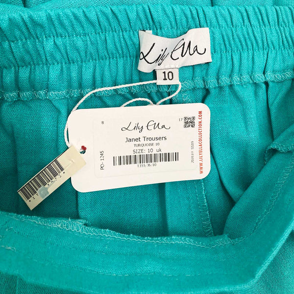 Lily Ella Trousers UK 10 Turquoise Green Linen Blend Full Length