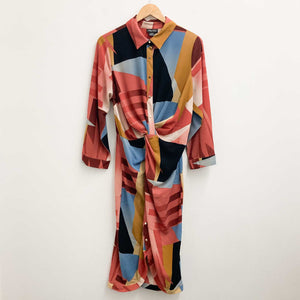 City Chic Shirt Dress UK 14 Abstract Print Hi-Lo Hem Twist Front