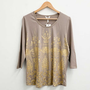 Joanna Hope Top UK 18 Brown & Metallic Gold Floral Print 3/4 Sleeve