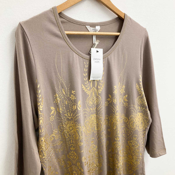 Joanna Hope Top UK 18 Brown & Metallic Gold Floral Print 3/4 Sleeve