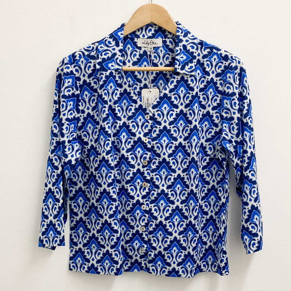 Lily Ella Blouse UK 10 Blue White Printed 3/4 Sleeve Cotton 