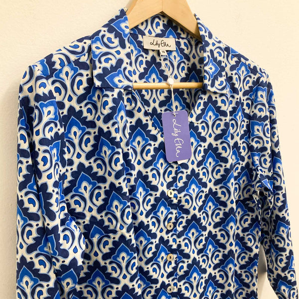 Lily Ella Blouse UK 10 Blue White Printed 3/4 Sleeve Cotton 