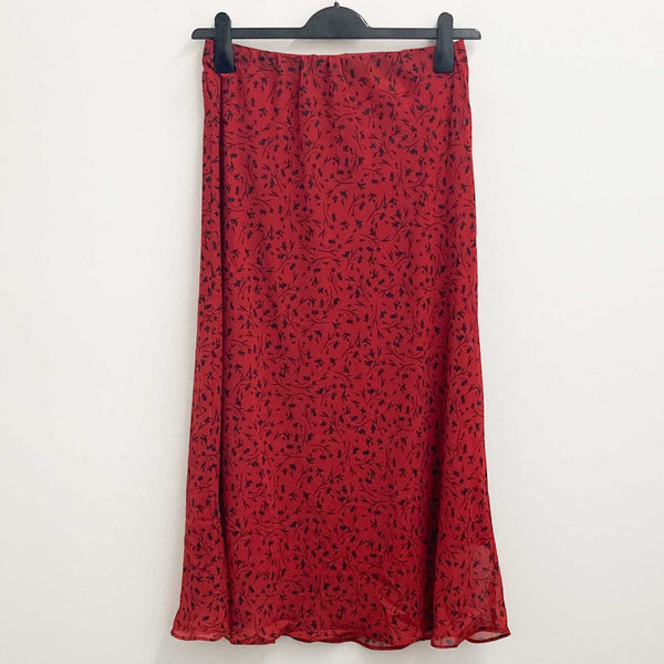 Lily Ella Skirt UK 10 Red & Black Floral Print Bias Cut Midi