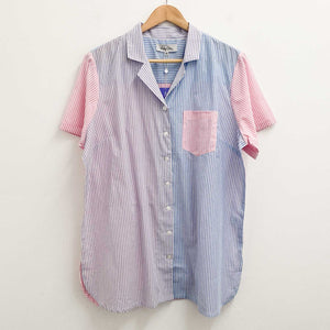 Lily Ella Blouse UK 20 Blue Pink Striped Short Sleeve Cotton