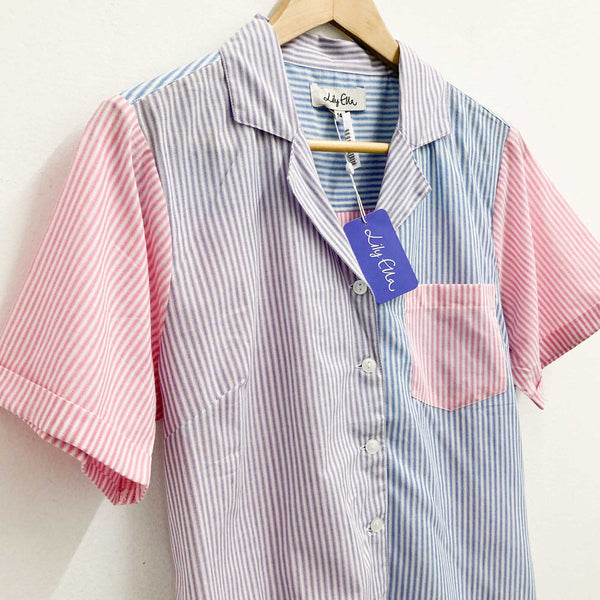 Lily Ella Blouse UK 14 Blue Pink Striped Short Sleeve Cotton