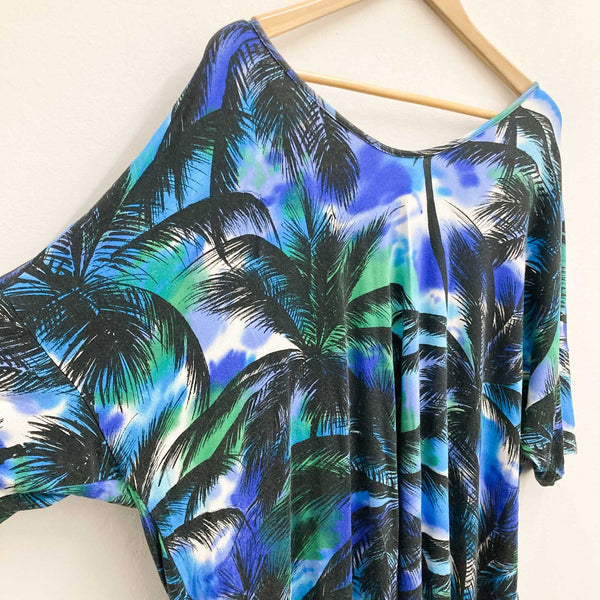 K&D London Top UK 26/28 Blue Palm Tree Print Soft Jersey Short Sleeve