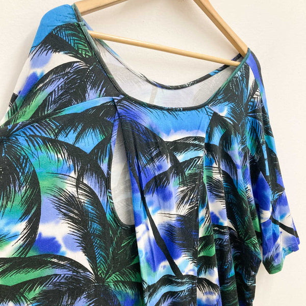 K&D London Top UK 26/28 Blue Palm Tree Print Soft Jersey Short Sleeve