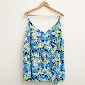 JD Williams Top UK 30 Blue Floral Print Sleeveless V-Neck