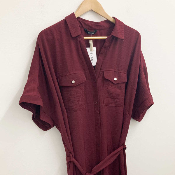 Evans Dress UK 24 Berry Burgundy Short Sleeve Belted Shirt Midi