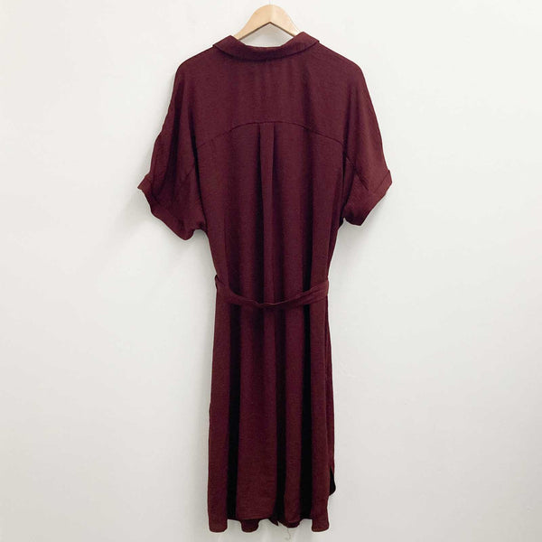 Evans Dress UK 24 Berry Burgundy Short Sleeve Belted Shirt Midi