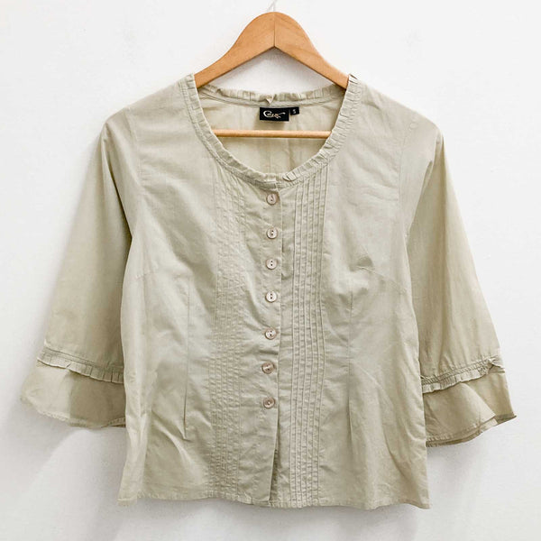 Cazz Top Size S Beige Cotton 3/4 Frill Sleeve Button Front 