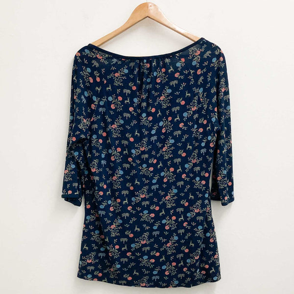 FatFace Top UK 12 Navy Floral Print 3/4 Sleeve Notch Neckline