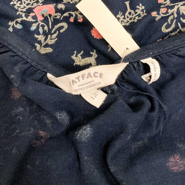 FatFace Top UK 12 Navy Floral Print 3/4 Sleeve Notch Neckline