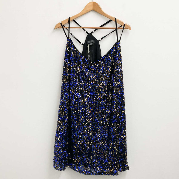 City Chic Dress Size 20 Black Blue Sequin Strappy Mini 