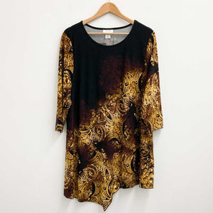 Avenue Tunic Top Size 20 Black Gold Print Asymmetrical Hem 3/4 Sleeve