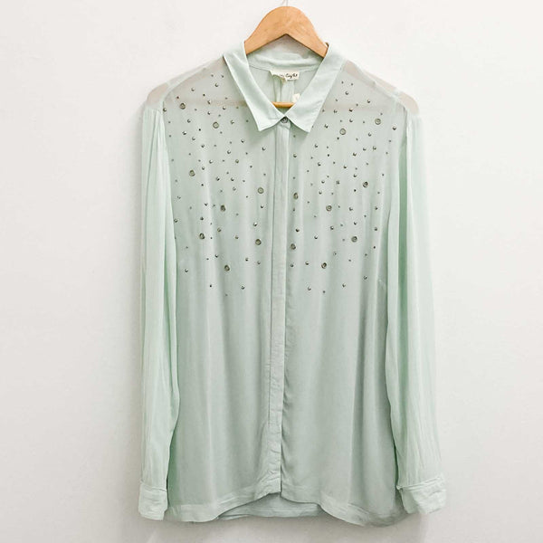 Phase Eight Blouse Size 18 Mint Green Sheer Studded Long Sleeve Shirt