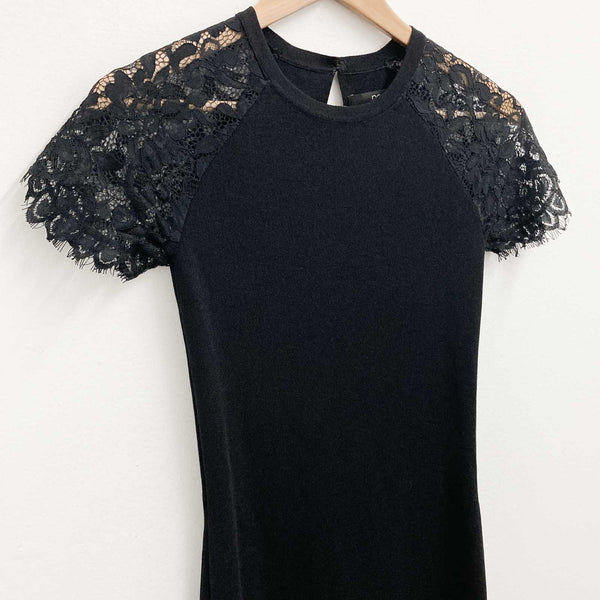 Next Dress Size 6 Black Stretch Knit Lace Sleeve Pencil Midi