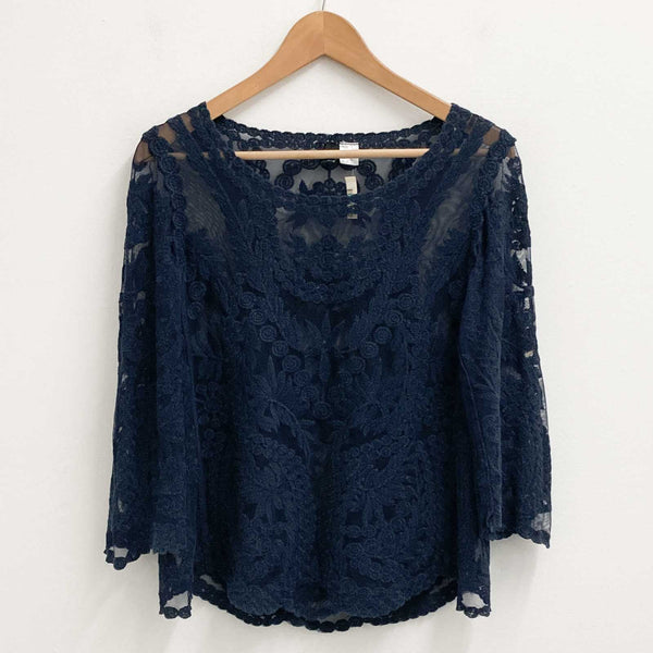 H&M Top Size 38 UK 12 Navy Sheer Floral Lace 3/4 Sleeve