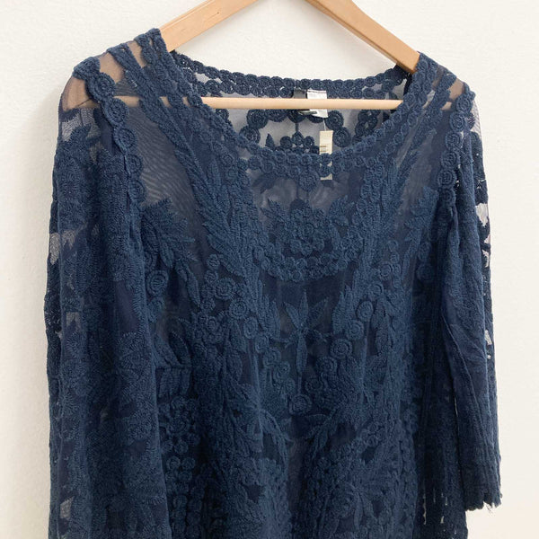 H&M Top Size 38 UK 12 Navy Sheer Floral Lace 3/4 Sleeve