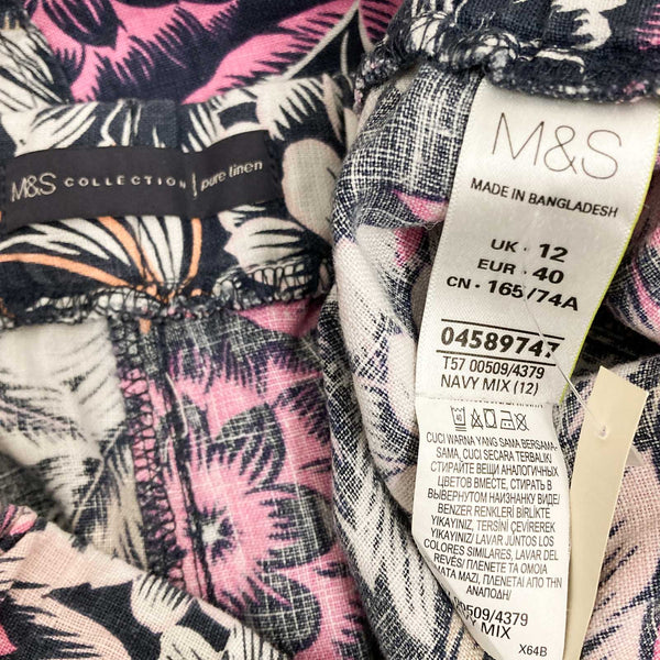 M&S Collection Skirt Size 12 Navy Pink Linen Floral Print