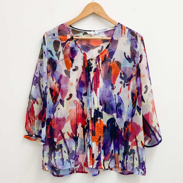 Dash Top Size 18 Multicoloured Print Sheer 3/4 Sleeve V-Neck