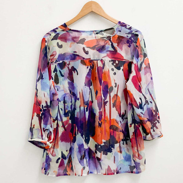 Dash Top Size 18 Multicoloured Print Sheer 3/4 Sleeve V-Neck