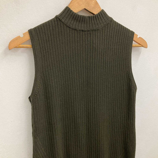 M&S Collection Knit Tank Top Size 12 Khaki Green Ribbed Mock Neck