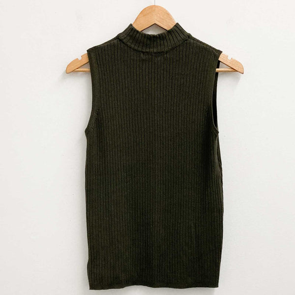 M&S Collection Knit Tank Top Size 12 Khaki Green Ribbed Mock Neck