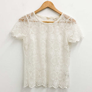 M&S Indigo Collection Top Size 12 Ivory Sheer Lace Short Sleeve