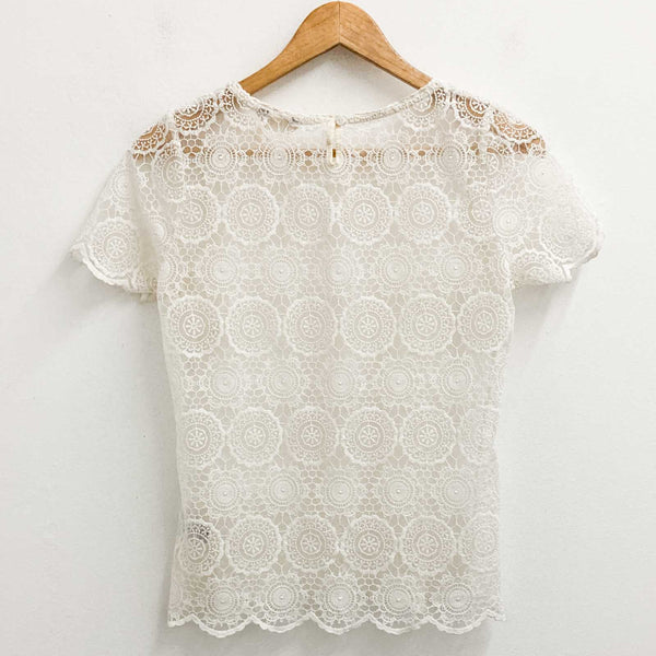 M&S Indigo Collection Top Size 12 Ivory Sheer Lace Short Sleeve