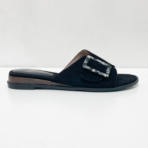 Evans Black Faux Suede Buckle Slides UK 4 Extra Wide