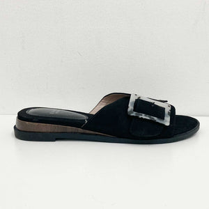 Evans Black Faux Suede Buckle Slides UK 4 Extra Wide