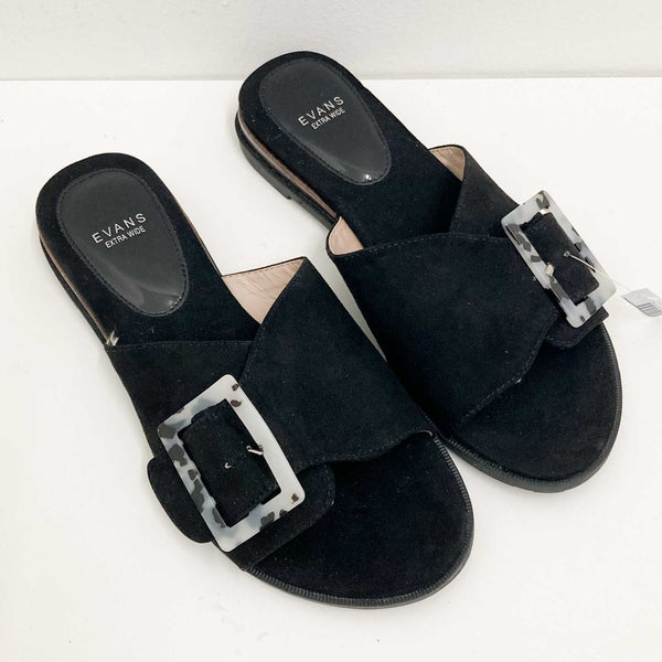 Evans Black Faux Suede Buckle Slides UK 4 Extra Wide