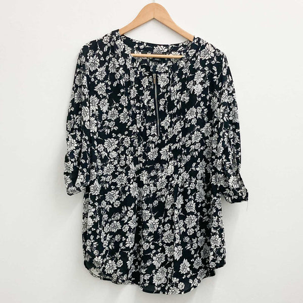 Evans Mono Floral Print Zip Neck 3/4 Sleeve Top UK 16